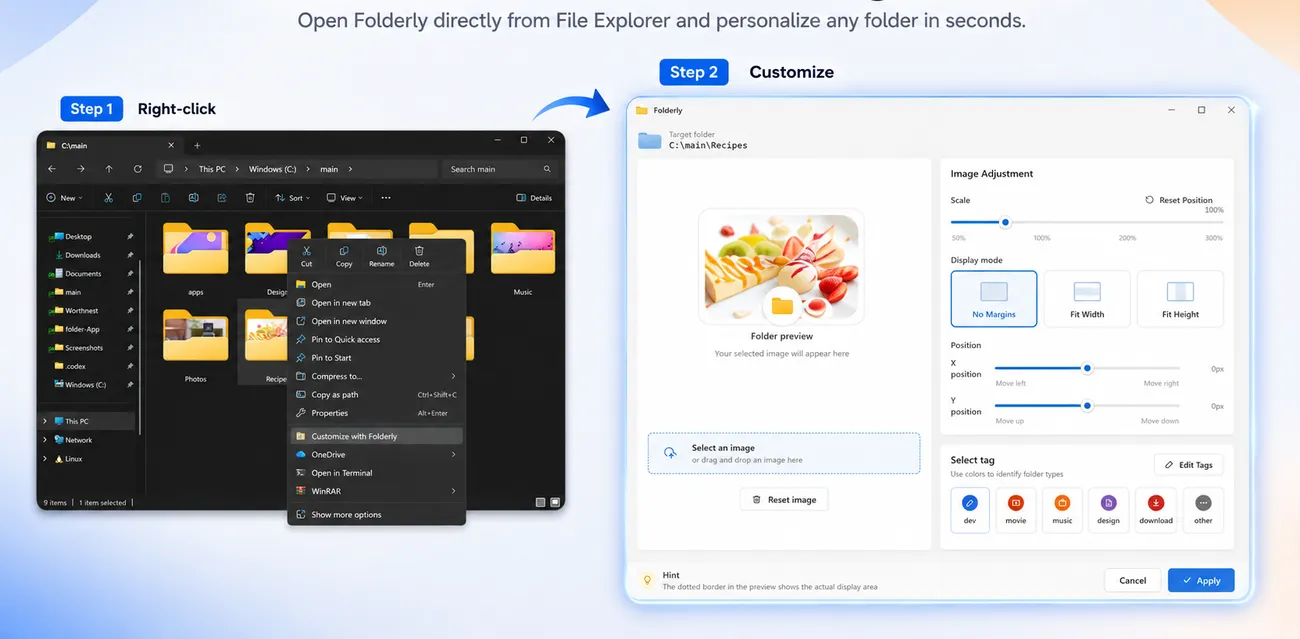 Customize with Folderly from the right-click menu
