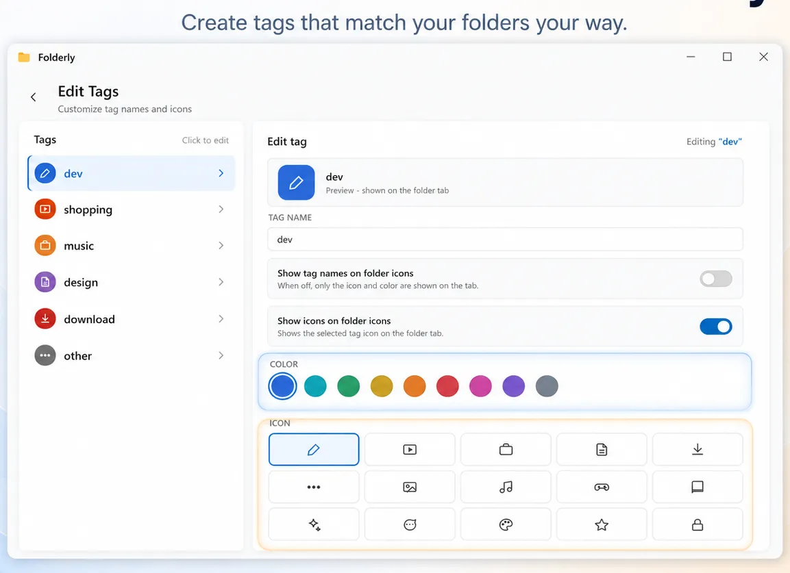 Editing color and icon tags